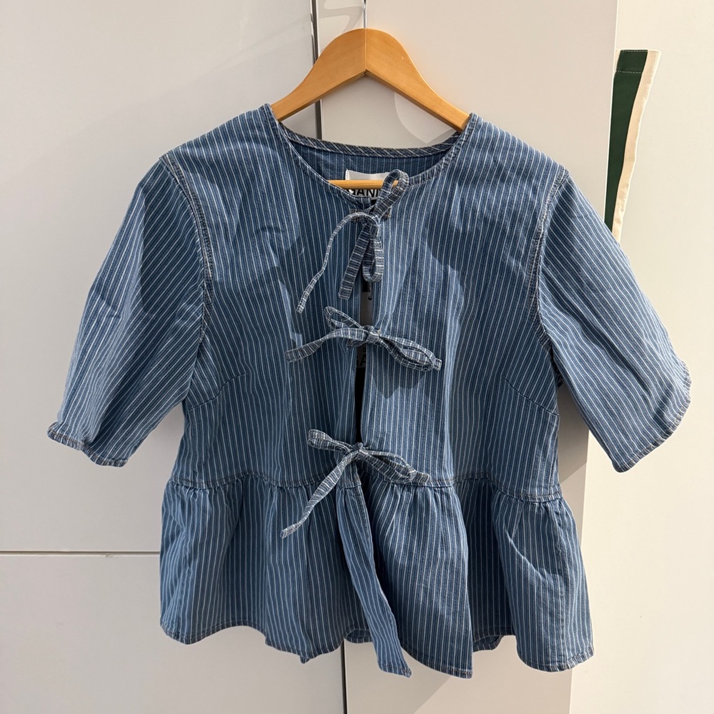 Ganni Blue Striped Tie-Front Blouse